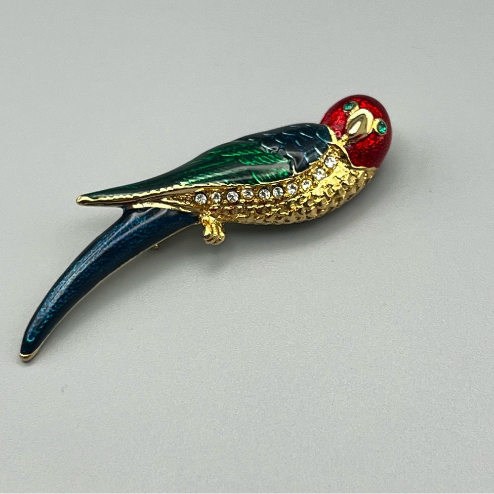 Vintage Parrot Brooch Enamel Painted Gold Toned Rhinestones